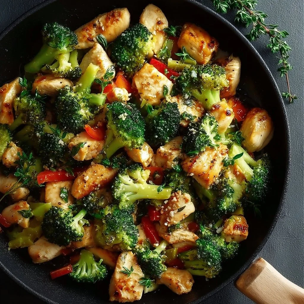 Pollo y brócoli en una sartén