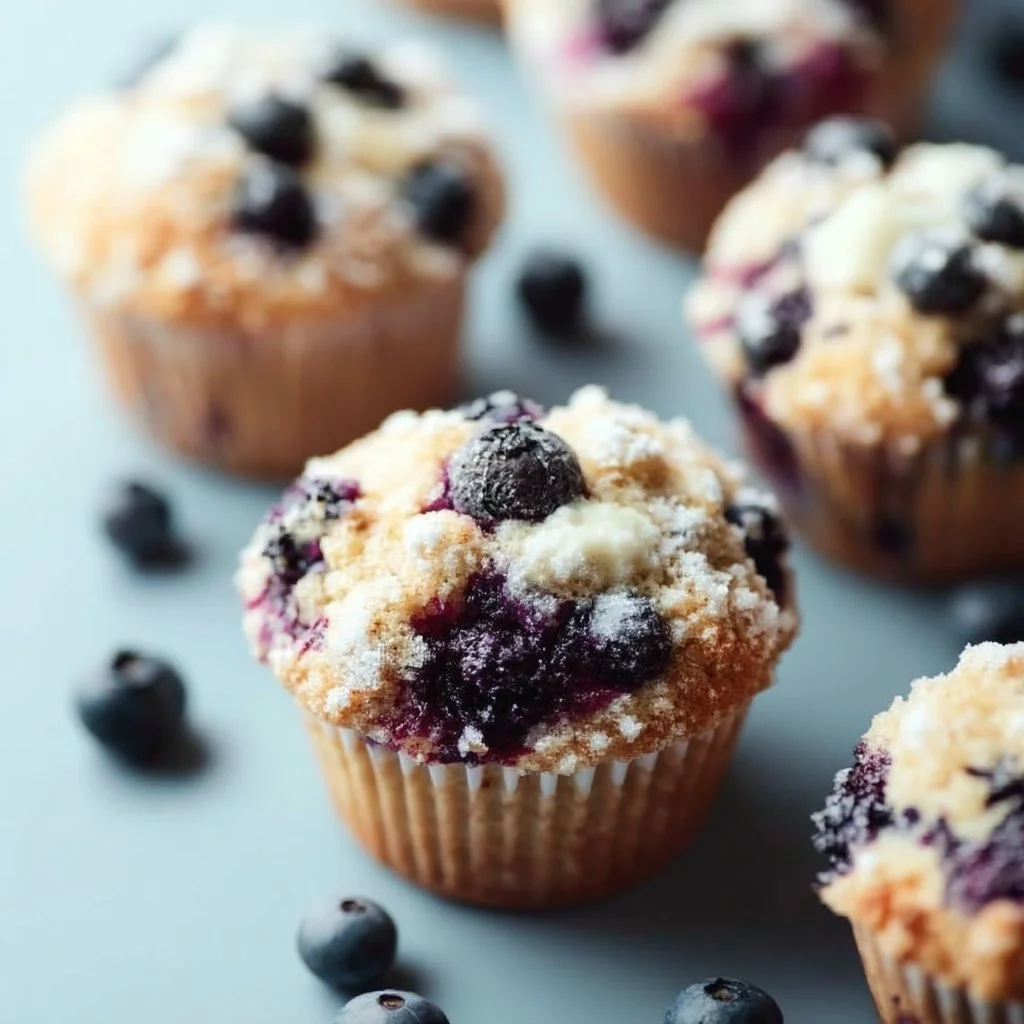 Muffins de arándano recién horneados, saludables y rápidos de hacer.