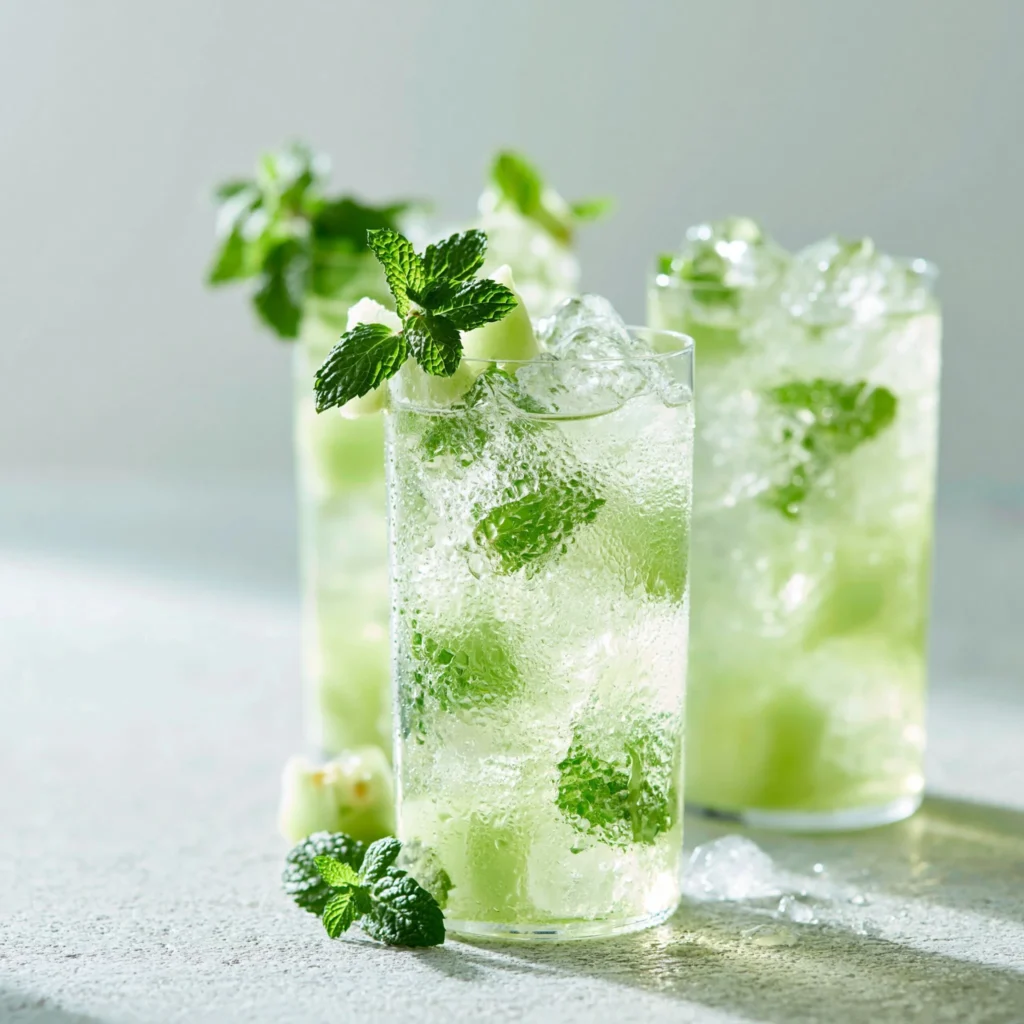 Té helado de melón y menta servido en vaso con hielos